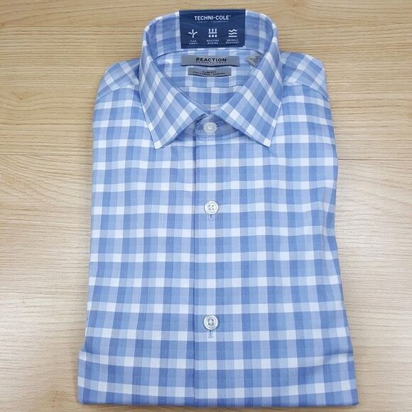 KENNETH COLE REACTION Shirt Mens Size 14.5 32 33 Blue Check Slim Fit Flex Fabric - Picture 1 of 4